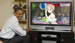  1boy 1girl animated animated_gif barack_obama dance dancing logo male miyamoto_konatsu parody photoshop politician smile tari_tari television the_monkey 