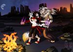  anthro big_breasts black_hair breasts canine claws clothing ear_piercing female fire fur glowing glowing_eyes hair kayin long_hair magic male mammal midriff moon mountain muscles night open_mouth outside piercing red_eyes rey satsukii scenery stars tattoo wolf 