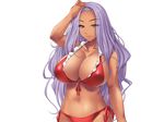  1girl breasts dark_skin ishii_akira kimomen_demo_kyokon_nara_mizugi_gal_to_ria_juu_na_natsu_ga_sugoseru! large_breasts miel miel_(company) purple_hair smile solo swimsuit 