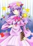  bad_id bad_pixiv_id blush book bow capelet hair_bow long_hair long_sleeves nekosugi_(hoshi) patchouli_knowledge purple_eyes purple_hair smile solo star touhou wand wide_sleeves 