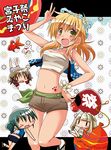  blonde_hair blush breasts brown_hair chibi cover cover_page green_hair hand_on_hip hidamari_sketch medium_breasts miyako multiple_girls nazuna nori one_eye_closed open_mouth paw_print quro_(black_river) sarashi short_hair short_shorts shorts smile yuno 