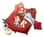  arumaji_(kiss_kill_lila) black_legwear book brown_hair brush candy_cane_hair_ornament closed_eyes couch food_themed_clothes food_themed_hair_ornament gingerbread_man_hair_ornament green_eyes hair_ornament hairband idolmaster idolmaster_(classic) long_hair lying minase_iori multiple_girls on_stomach overalls pantyhose reading smile striped striped_legwear stuffed_animal stuffed_bunny stuffed_toy takatsuki_yayoi thighhighs twintails 