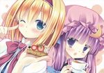  :o ;) alice_margatroid blonde_hair blue_eyes blush bow cake capelet crescent food hair_bow hairband hat highres holding long_hair looking_at_viewer miyasu_risa multiple_girls natsume_eri non-web_source one_eye_closed outline patchouli_knowledge purple_eyes purple_hair saucer scan short_hair slice_of_cake smile star touhou white_background 