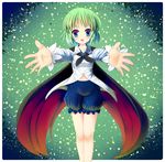  antennae aqua_eyes aqua_hair bad_id bad_pixiv_id blush cape dx_(dekusu) gradient_hair green_hair highres long_sleeves multicolored multicolored_eyes multicolored_hair navel open_mouth pink_eyes short_hair solo touhou wriggle_nightbug 