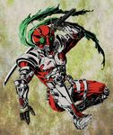  antennae dutch_angle kamen_rider kamen_rider_zx male_focus mannneri5 one_knee scarf solo sword weapon 