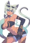  :p animal_ears aqua_eyes aqua_hair bad_id bad_pixiv_id bare_shoulders breasts cat_ears cat_tail cleavage dark_skin elbow_gloves eyewear_on_head fingernails gloves gradient_hair hands_on_hips highleg highleg_panties highres kaiten_muten-maru large_breasts long_fingernails long_hair metata multicolored_hair panties shamu_meruruusa short_shorts shorts simple_background smile solo sunglasses sweat tail tongue tongue_out underwear very_long_hair white_hair 