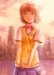  brown_hair building city kaminagi_ryouko ruins school_uniform smile sweater_vest yellow_eyes yusao zegapain 