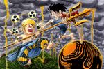  2boys bangle barefoot black_hair bracelet chibi earrings electricity enel fight fighting gold jewelry lightning male male_focus monkey_d_luffy multiple_boys one_piece rubber sash sceney skypiea storm topless torn_clothes weapon 