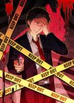  adachi_tooru black_hair blood caution_tape formal gun hand_on_own_face handgun highres keep_out male_focus necktie persona persona_4 solo spoilers suit tetsukuzu_tetsuko weapon 