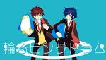  bag bird blue_hair brothers green_eyes kaku_sugar male_focus mawaru_penguindrum multiple_boys necktie penguin penguin_1-gou penguin_2-gou red_hair school_uniform shoulder_bag siblings takakura_kanba takakura_shouma 