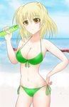  beach bikini blonde_hair blush breasts chelsea_masa cleavage day front-tie_top hand_on_hip holding large_breasts lyrical_nanoha mahou_shoujo_lyrical_nanoha mahou_shoujo_lyrical_nanoha_a's navel shamal side-tie_bikini solo swimsuit yellow_eyes 