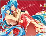  1girl bad_id bad_pixiv_id bare_shoulders blue_eyes blue_hair carrying couple dress flower genderswap genderswap_(ftm) hair_flower hair_ornament hatsune_miku hatsune_mikuo hetero long_hair princess_carry red_dress short_hair smile t_miyanagi twintails vocaloid 
