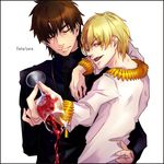  alcohol blonde_hair bracelet brown_hair cup drinking_glass fate/zero fate_(series) gilgamesh jewelry kotomine_kirei male_focus multiple_boys necklace red_eyes spill wine wine_glass zino 