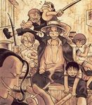  1girl 6+boys 6boys ? angry apron barrel ben_beckman book box child cigarette east_blue fight fighting food hair_over_one_eye hat jacket_on_shoulders lowres male monkey_d_luffy monochrome multiple_boys nami nami_(one_piece) one_piece open_collar reading roronoa_zoro sanji scar shanks smile smoking straw_hat sword tongue usopp weapon young younger 