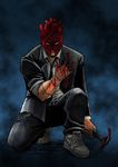  bad_id bad_pixiv_id belt blood buckle chain clenched_teeth dorohedoro formal glaring hammer heart_(organ) male_focus mask necktie one_knee scar shin_(dorohedoro) shoes sneakers solo suit teeth tuxedo 