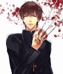  bad_id bad_pixiv_id between_fingers black_keys brown_eyes brown_hair command_spell cross cross_necklace fate/zero fate_(series) jewelry kotomine_kirei male_focus necklace solo zaqloxxx 