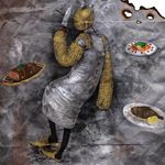  8_(eight) apron buckle dorohedoro fish food from_behind fruit highres lemon male_focus mask meat object_namesake oven_mitts plate solo turkey_(dorohedoro) turkey_(food) 