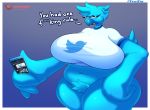  2019 absurd_res angry anthro areola avian bds_charmeleon beak belly big_belly big_breasts big_eyes big_hands bird blue_bird blue_feathers breasts clothing dialogue digital_media_(artwork) english_text eyelashes feathers female grumpy hi_res huge_breasts open_mouth overweight pudgy_belly shirt simple_background solo standing text thick_thighs trends tweetfur twitter twitter_bird voluptuous watermark wide_hips 
