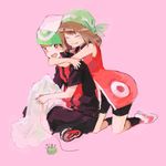  1girl bad_id bad_pixiv_id bandana bike_shorts blush brown_hair couple ehee fang_out fangs hat hetero hug hug_from_behind odamaki_sapphire open_mouth pincushion pink_background pokemon pokemon_(game) pokemon_rse pokemon_special red_eyes ruby_(pokemon) sewing sitting thread 