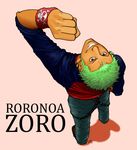  1boy character_name clenched_hand denim earrings fist full_body green_hair jeans jewelry jolly_roger looking_at_viewer male male_focus one_piece pants pink_background pirate roronoa_zoro simple_background smile solo standing suspenders teeth 