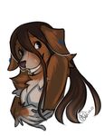  adiago blue_eyes breasts brown_hair bust canine dog female grin hair long_hair looking_at_viewer solo 