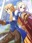  agrias_oaks armor blonde_hair braid brown_eyes cape final_fantasy final_fantasy_tactics gloves level.21 long_hair multiple_girls ovelia_atkascha red_eyes single_braid sword weapon 