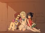  anjou_naruko ano_hi_mita_hana_no_namae_wo_bokutachi_wa_mada_shiranai. bad_id bad_pixiv_id barefoot black_hair blue_eyes book brown_hair child dress ehee game_boy glasses handheld_game_console honma_meiko multiple_girls playing_games ribbon shorts sitting sketch smile troubled tsurumi_chiriko white_hair 