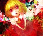  bad_id bad_pixiv_id blonde_hair blood blood_in_mouth crystal flandre_scarlet from_above hair_ribbon kusumoto_touka no_hat no_headwear puffy_sleeves red_eyes ribbon short_hair short_sleeves side_ponytail solo touhou v_arms wings 