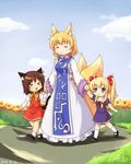  &gt;_&lt; :&gt; :&lt; =_= =v= alternate_hairstyle animal_ears blonde_hair blue_sky bow brown_hair cat_ears cat_tail chen closed_eyes cloud day dress earrings field flower flower_field fox_ears fox_tail hair_bow hair_ribbon highres holding_hands jewelry langbazi lolikari multiple_girls multiple_tails nekomata no_hat no_headwear open_mouth purple_eyes purple_skirt ribbon shirt short_hair skirt skirt_set sky smile sunflower tabard tail touhou twintails vest white_dress yakumo_ran yakumo_yukari younger 