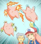  1girl :d articuno bad_id bad_pixiv_id bird chicken cosplay facial_hair gen_1_pokemon grandfather_(jintai) green_eyes headless ishizuka_unshou jinrui_wa_suitai_shimashita long_hair moltres mustache open_mouth parody pikachu pink_hair pokemon pokemon_(anime) pokemon_(creature) satoshi_(pokemon) satoshi_(pokemon)_(cosplay) seiyuu_connection short_hair smile turizao watashi_(jintai) zapdos 