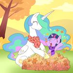  couple cutie_mark equine eyes_closed female feral friendship_is_magic hair happy horn horse leaf leafs madmax mammal multi-colored_hair my_little_pony outside pony princess princess_celestia_(mlp) royalty scarf sunset tree twilight_sparkle_(mlp) unicorn winged_unicorn wings wood 