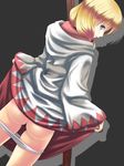  ass back black_background blonde_hair blue_eyes braid dutch_angle final_fantasy final_fantasy_tactics from_behind gusha_(gusha_gusya) hair_over_shoulder hood long_hair long_sleeves looking_at_viewer looking_back panties panty_pull robe robe_lift simple_background smile solo staff standing underwear white_mage white_mage_(fft) 