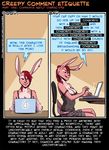  chair cleavage clothed clothing comic comment computer ear_piercing english_text fabinella female fur hair lady_snakebite lagomorph laptop mammal office_chair piercing pink_fur plaid rabbit red_eyes red_hair shirt skirt table tank_top text tongue 