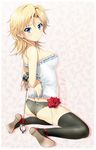  ass bdsm black_legwear blonde_hair blue_eyes bondage bound corset cuffs flower genderswap genderswap_(mtf) highres kinu_(le) liquid_snake long_hair metal_gear_(series) metal_gear_solid rose tears thighhighs thighs 