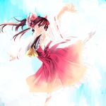  arm_up armpits ascot bow brown_eyes brown_hair dancing detached_sleeves dress floating_hair hair_bow hakurei_reimu highres kayako_(tdxxxk) lace long_hair looking_away pale_color ponytail pose red_dress sky solo standing standing_on_one_leg touhou wide_sleeves 