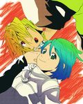  1girl blonde_hair blue_hair double_arts figarette_elraine gradient_hair green_eyes green_hair holding_hands jacket kiri_luchile lavender_hair looking_at_viewer multicolored_hair open_mouth red_eyes saku_(pixiv526117) smile spiked_hair zipper 