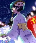  alternate_hairstyle aoki_reika blue_eyes blue_hair blue_kimono blush bow chocolate_banana festival from_behind hair_bow hair_ornament hairclip japanese_clothes kimono looking_back mask mask_on_head ojarumaru precure smile_precure! solo tj-type1 yukata 