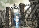  1girl blue_eyes building cloud cloudy_sky digital_dissolve dissolving dress fading fence gate green_hair hologram house leaf mansion original overgrown plant plants scenery seafh shirt short_hair sky solo standing vines white_dress 