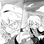  advent_cirno bad_id bad_pixiv_id bow cirno greyscale hair_bow hat letty_whiterock long_sleeves mizukiri monochrome multiple_girls open_mouth puffy_sleeves short_hair short_sleeves sweatdrop sword touhou weapon 