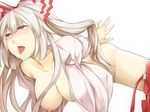  blush breasts female fujiwara_no_mokou hair_ornament hair_ribbon highres large_breasts long_hair matsura_(nagatosan) nipples no_bra no_panties open_clothes open_mouth open_shirt pants_around_one_leg red_eyes regura ribbon saliva shirt simple_background solo sweat tears tongue tongue_out touhou white_hair 