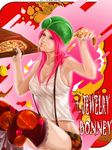  1girl breasts character_name cleavage eating female food hat highres jewelry_bonney lipstick makeup one_piece patterned_legwear pink_hair pizza sabaody_archipelago shorts sitting solo striped_shorts suspenders thighhighs 