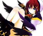  black_wings blue_eyes blush boots brown_hair fingerless_gloves gloves hair_ornament hat jewelry lyrical_nanoha magical_girl mahou_shoujo_lyrical_nanoha mahou_shoujo_lyrical_nanoha_a's mikaze necklace schwertkreuz short_hair smile socks solo tome_of_the_night_sky white_background wings x_hair_ornament yagami_hayate 
