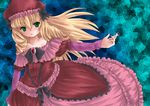  bare_shoulders blonde_hair blue_background bow brooch dodonpachi dodonpachi_daioujou dress expressionless frills green_eyes hair_bow hat honeycomb_(pattern) honeycomb_background jewelry jinra long_hair mosaic_background pink_dress ribbon shotia solo 