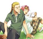  2boys back-to-back back_to_back blonde_hair book glasses headband helmeppo kobi male male_focus multiple_boys one_piece pink_hair plaid plaid_pants ponytail reading scar shirt sitting white_shirt 