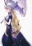  blonde_hair bow dress gloves hair_bow hat hat_ribbon highres long_hair noromi petals purple_eyes ribbon simple_background solo takatora touhou umbrella white_gloves yakumo_yukari 