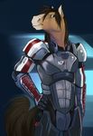  armor brown_fur brown_hair canine dancing demicoeur equine fur green hair horse long_hair male mammal mass_effect pose smile solo topless wolf 