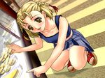  1girl adachi_rika blonde_hair braid cheesecake display_window flower food game_cg hair_ribbon joy_ride kneeling libido loli open_mouth outdoors outside panties pantyshot pinup_girls plaid plaid_skirt pointing ribbon skirt smile twin_braids underwear upskirt 