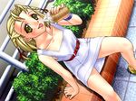  1girl adachi_rika blonde_hair bracelet braid flower food game_cg hair_ribbon ice_cream jewelry joy_ride libido loli looking_at_viewer open_mouth outdoors outside pinup_girls ribbon sitting tongue tongue_out twin_braids 