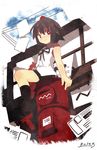  brown_hair fuukadia_(narcolepsy) hat japanese_cylindrical_postbox looking_at_viewer paper postbox_(outgoing_mail) red_eyes shameimaru_aya short_hair sitting sleeveless solo tokin_hat touhou 