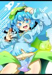  backpack bag belt blue_eyes blue_hair blush hat highres jinkou-kuu kawashiro_nitori key long_sleeves navel open_mouth puffy_sleeves screwdriver solo touhou two_side_up wrench 